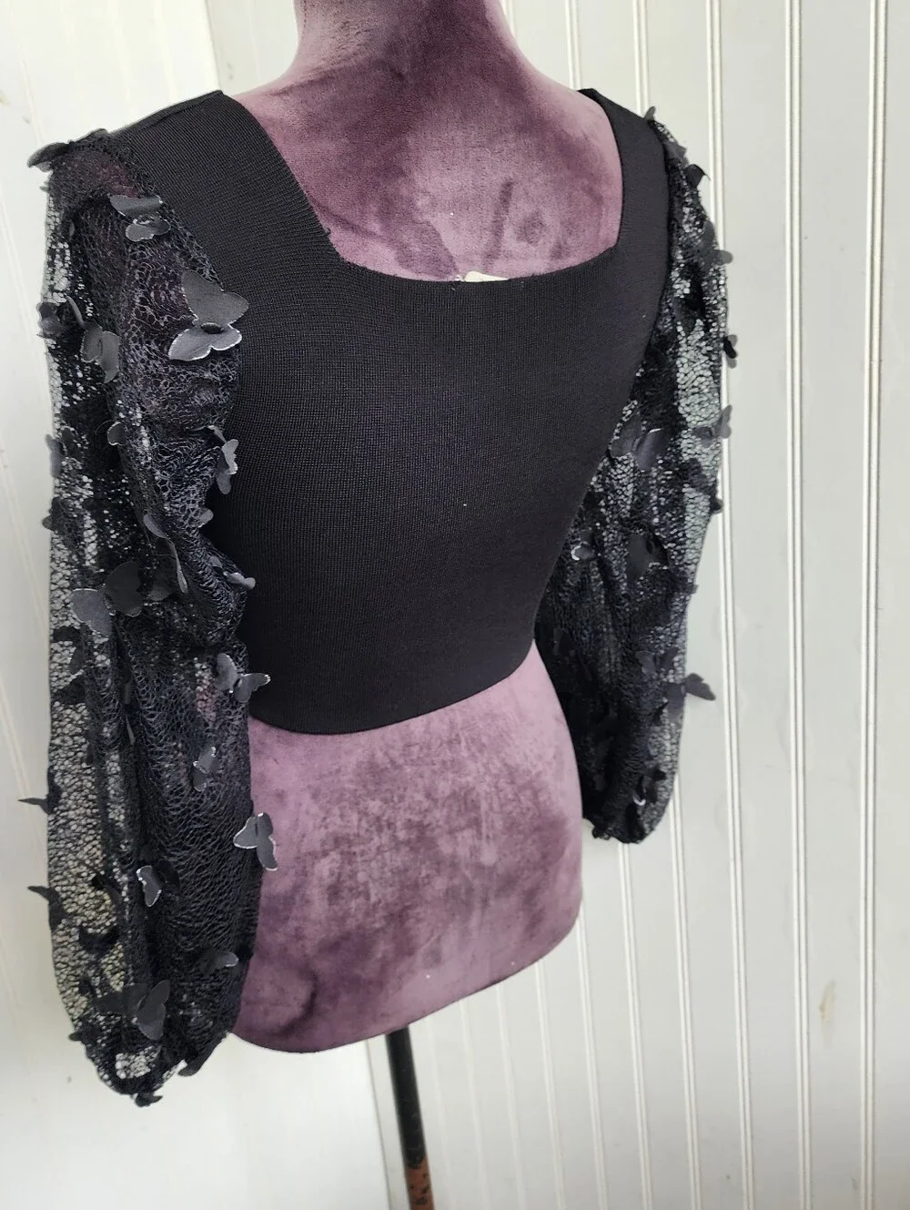 Intimately Free People Flutter Crop Top 3D Butterfly Black Sleeve Blouse Sz S